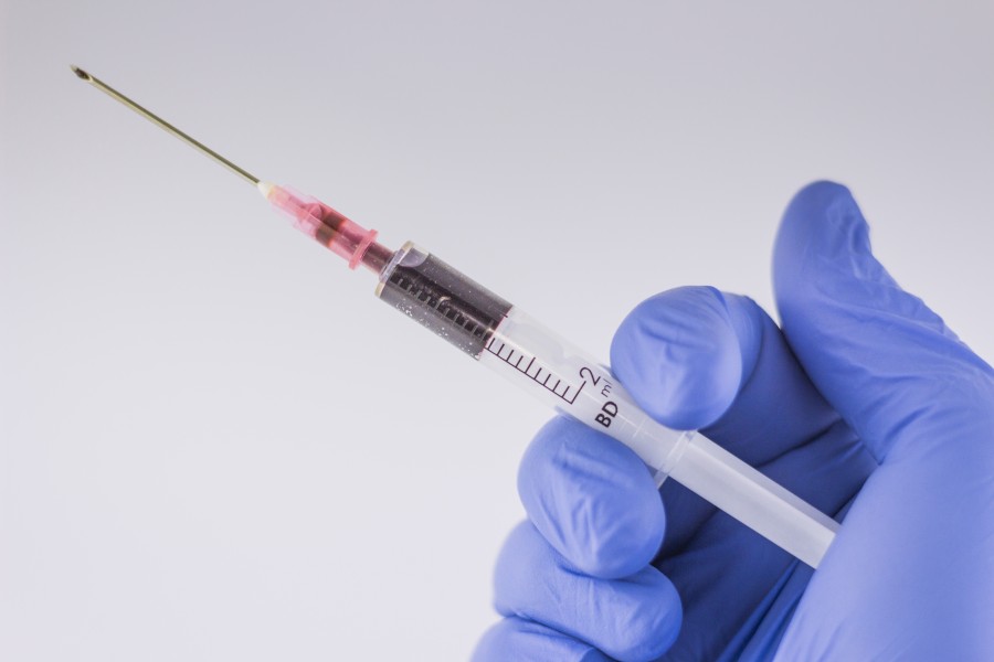 blood, science, medicine, analysis, needle, syringe, removal, hand, glove, latex, concept, close-up,