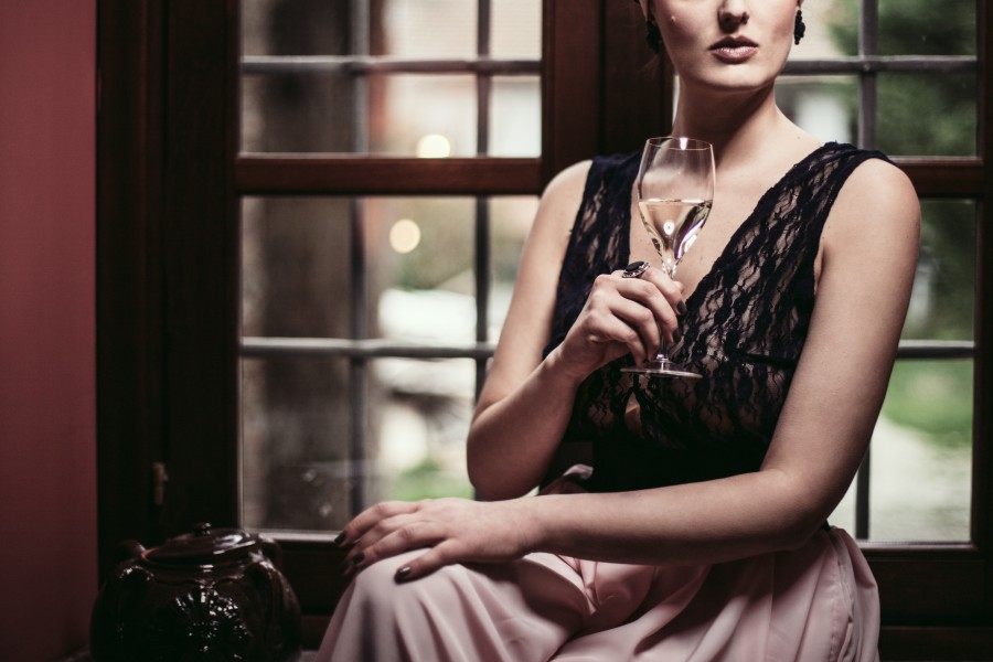woman, elegant interior, taking, drink, drink, drink, wine, young, beauty, serious, white wine,