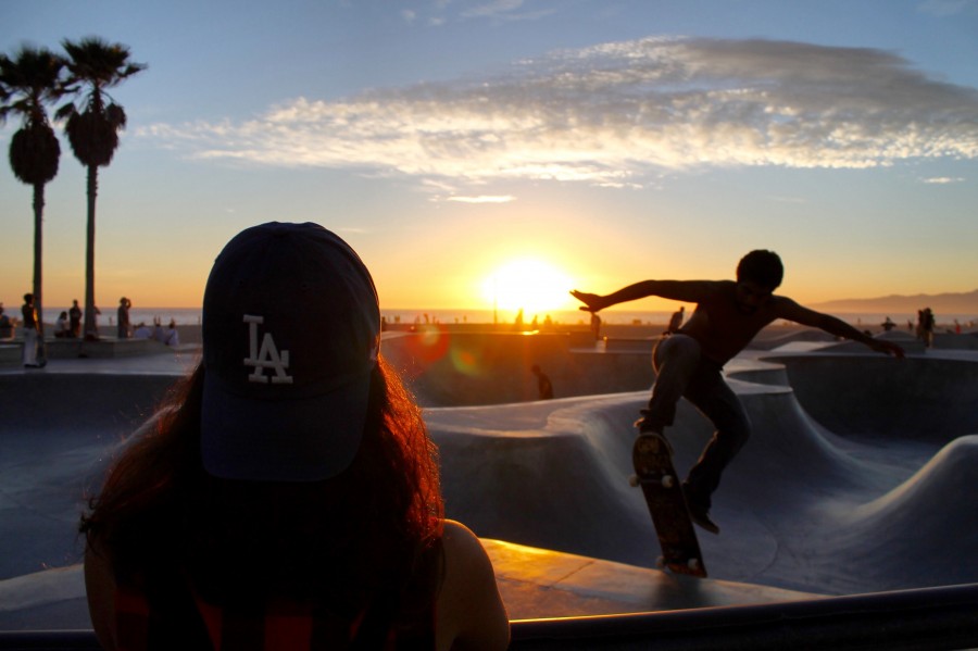 two people, sunset, urban, skate, sunset, sport, jump, skater