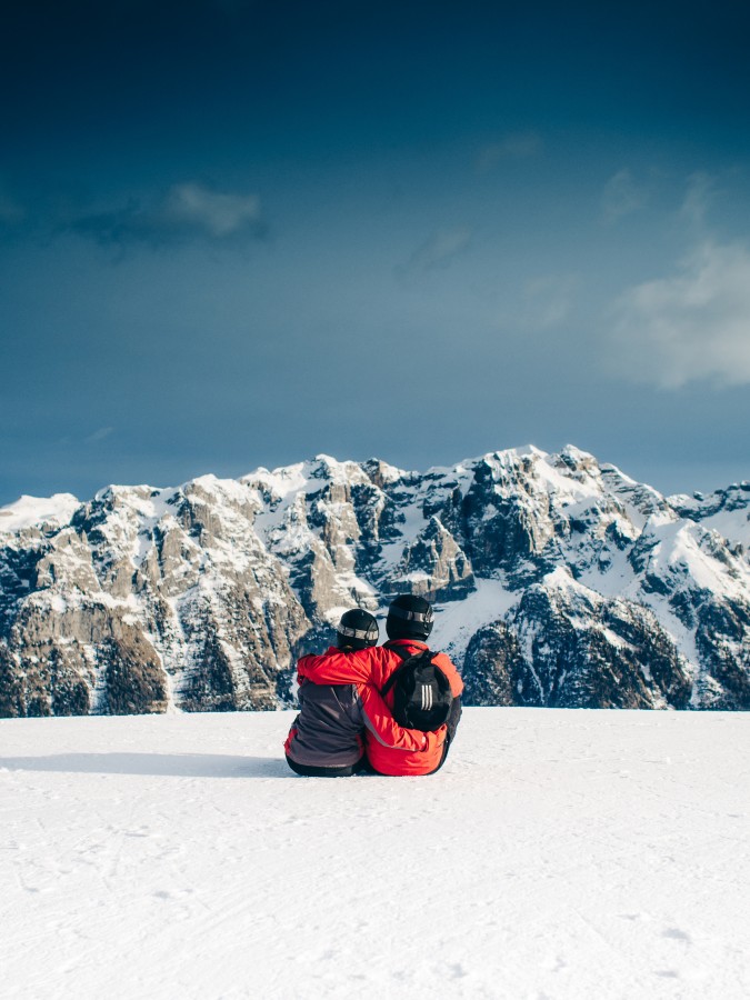 skiing, snowboarding, couple, love, romance, hugging, snow, mountains, peaks, sky, outdoors, nature, landscape, adventure, travel, cold, snowy, mountainscape,, 