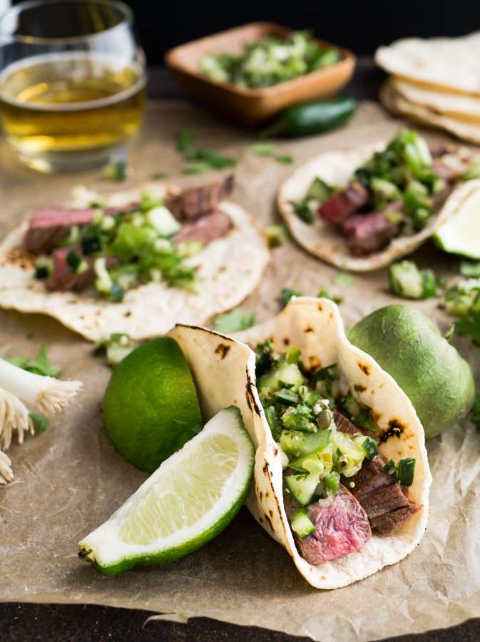 Fruit, Lime, Salad, Beef, Wrap, Parchment, Table, Lunch, Picnic, Beer, Glass, Drink
