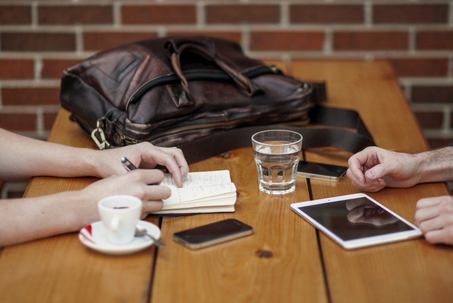 Bar, table, technology, tablet, coffee, two person, people, meeting, interior, cup, glass, backpack, leather, iphone, 