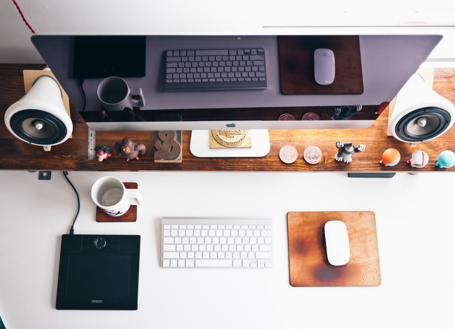 desk, computer, monitor, technology, mac, keyboard, headphones, speaker,