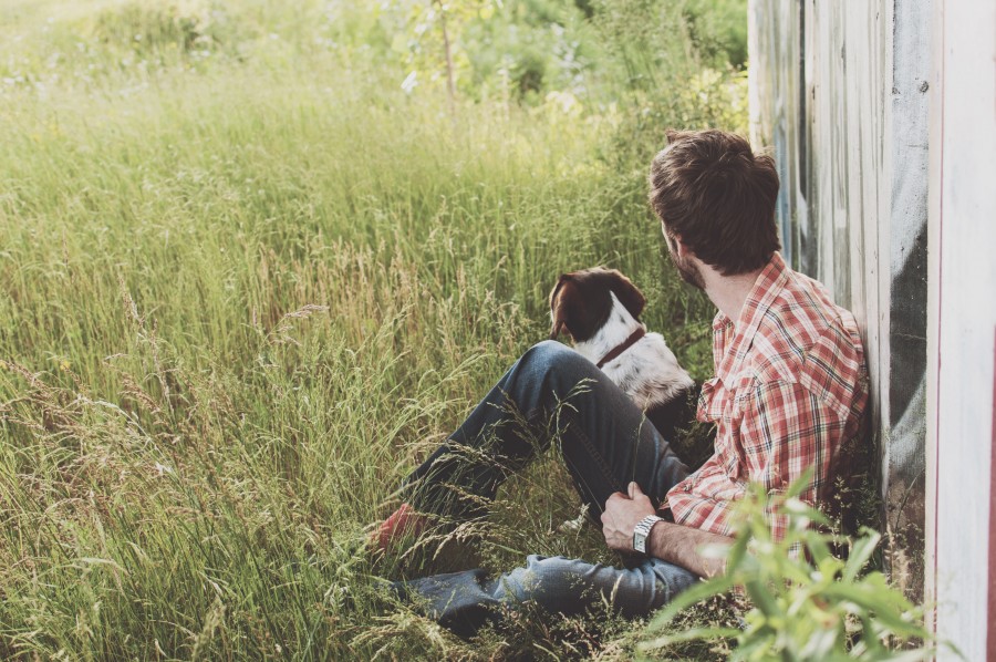 man, pet, dog, animal, sitting, cottage, rural scene, outdoor, outside, walk, walk, summer, day, young,